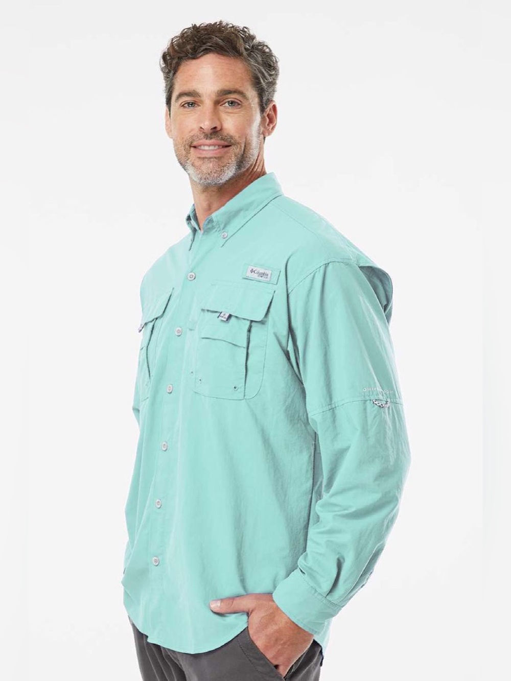 Columbia Light Aqua Long-Sleeve Button-Down Fishing Shirt